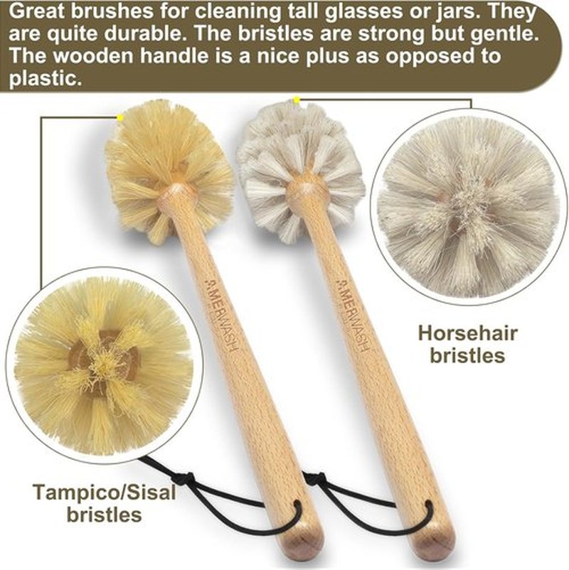Natural Bristle Bottle Brushes by [Brand Name] - 13.75-Inch Wood Handle for Cleaning Jars, Glasses & Vases | 2-Pack