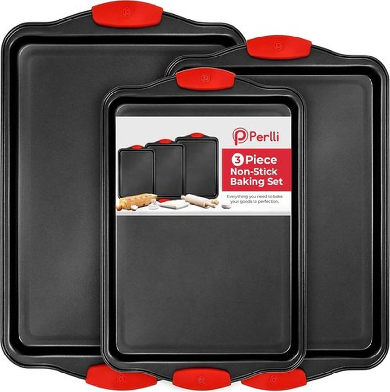 PERLLI Non-Stick Baking Pan Set - 3-Piece BPA-Free Carbon Steel with Silicone Handles | Oven Safe to 446°F