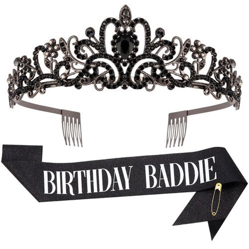 FASOTY Birthday Baddie Sash and Crown for Women Girls - Black Glitter with Silver Foil Birthday Girl Sash and Crown Funny Birthday Party Favor Supplies