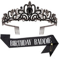 FASOTY Birthday Baddie Sash and Crown for Women Girls - Black Glitter with Silver Foil Birthday Girl Sash and Crown Funny Birthday Party Favor Supplies