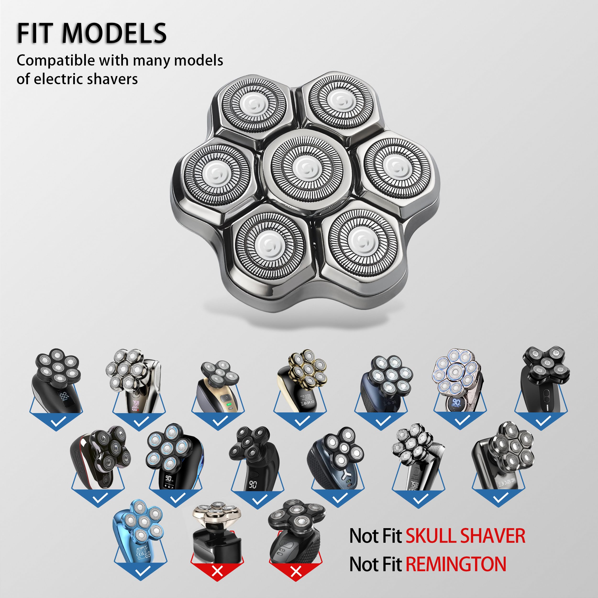 Universal Head Shaver Replacement Heads Magnetic 7 Blades Head Shavers Replacement Blades for Bald Men Compatible with Freebird Shaver & Other Brands (silver8)
