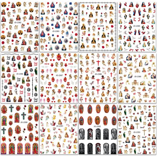 God Jesus Nail Art Stickers Decals, Christ Virgin Maria Love Cupid Angel Satan Nail Self-Adhesive Sticker Designs, Holographic 3D Angel Nail Transfer Decal for Women Girls Manicure Tips Decorations