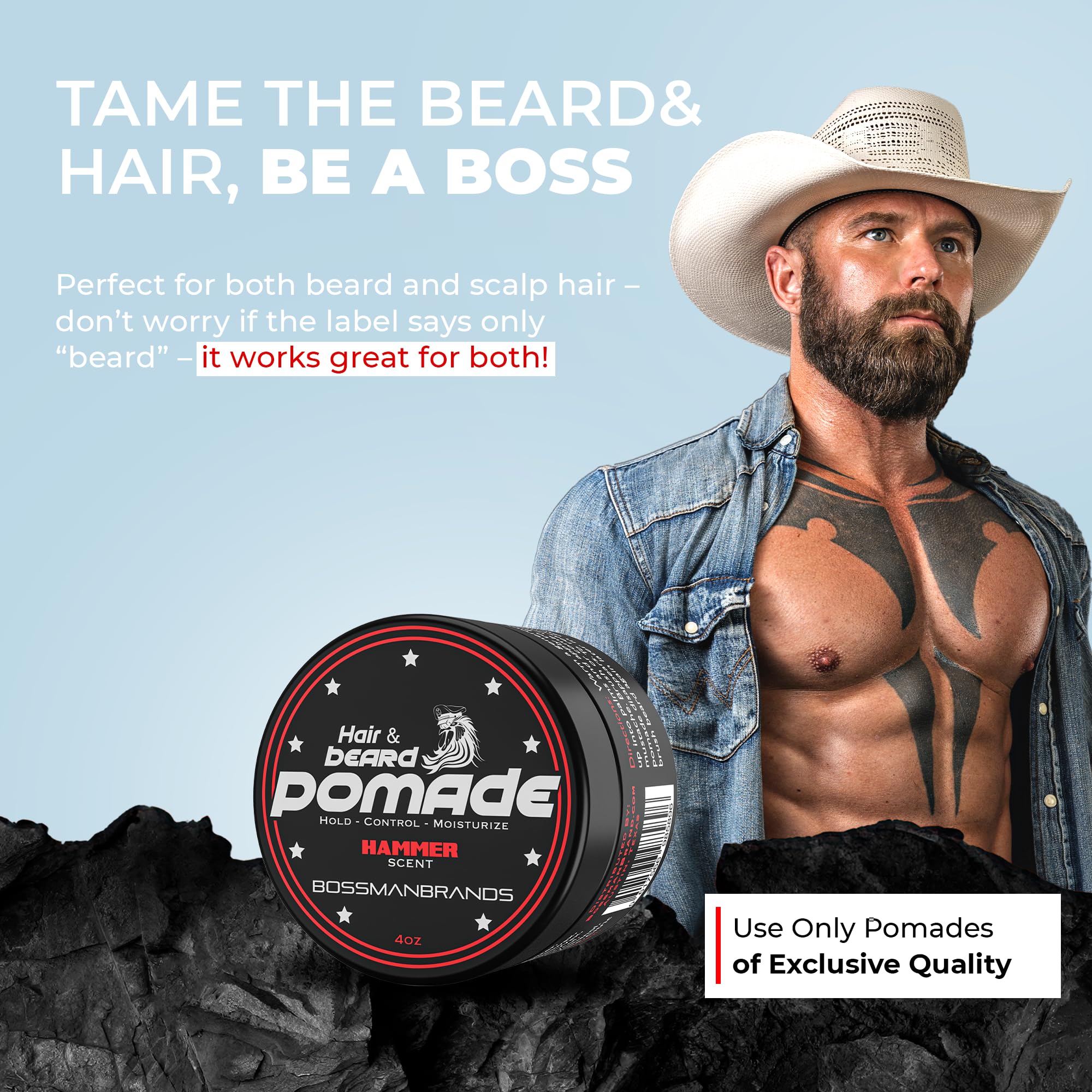 Bossman Hair & Beard Pomade for Men (Hammer Scent) – Medium Hold & Moisturizing for Hair, Beard & Mustache Styling – Made in USA
