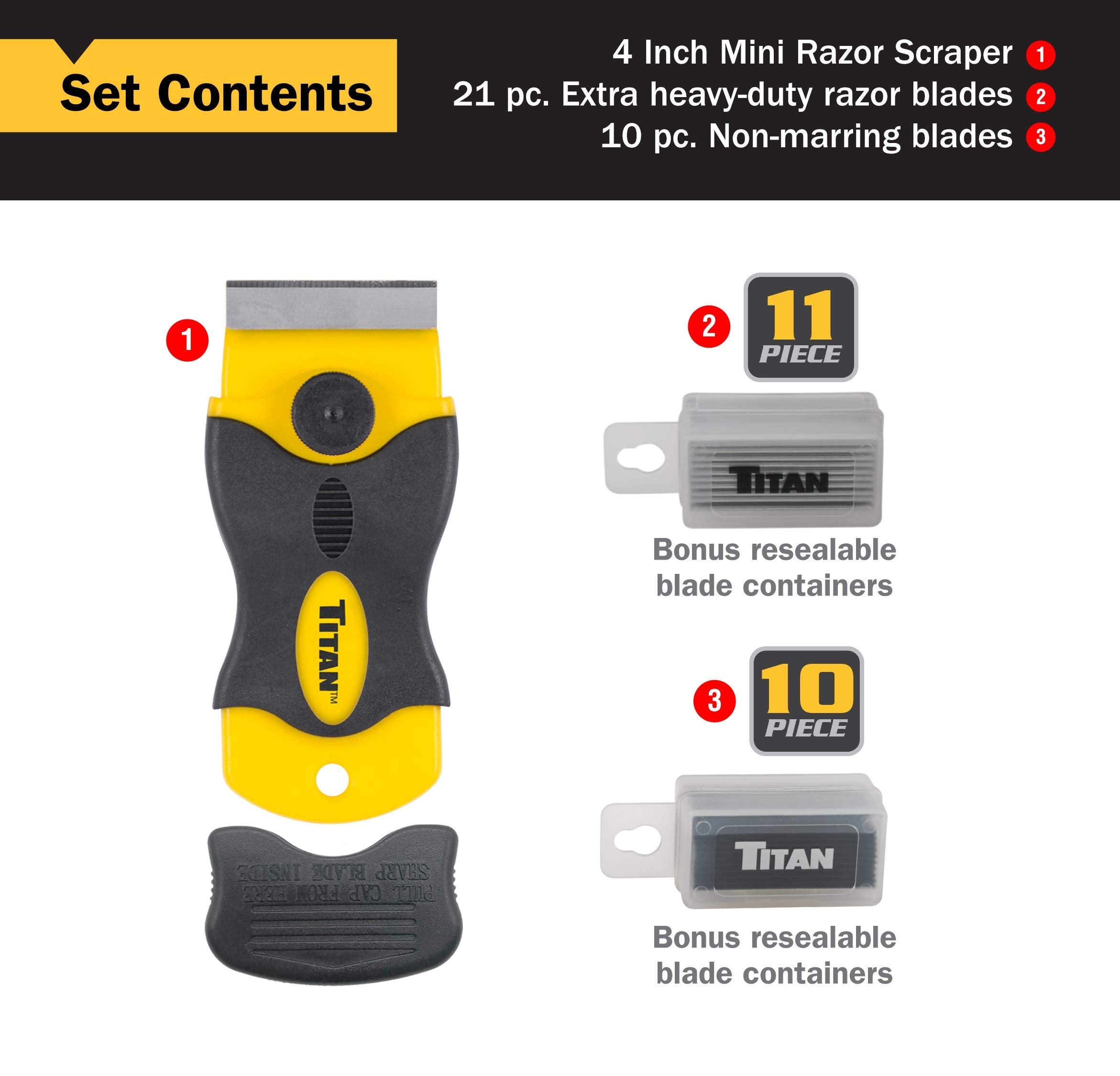 Titan Tools 17013 4-Inch Mini Razor Scraper with (10) Non-Marring Plastic Blades and (11) #20 Steel Blades