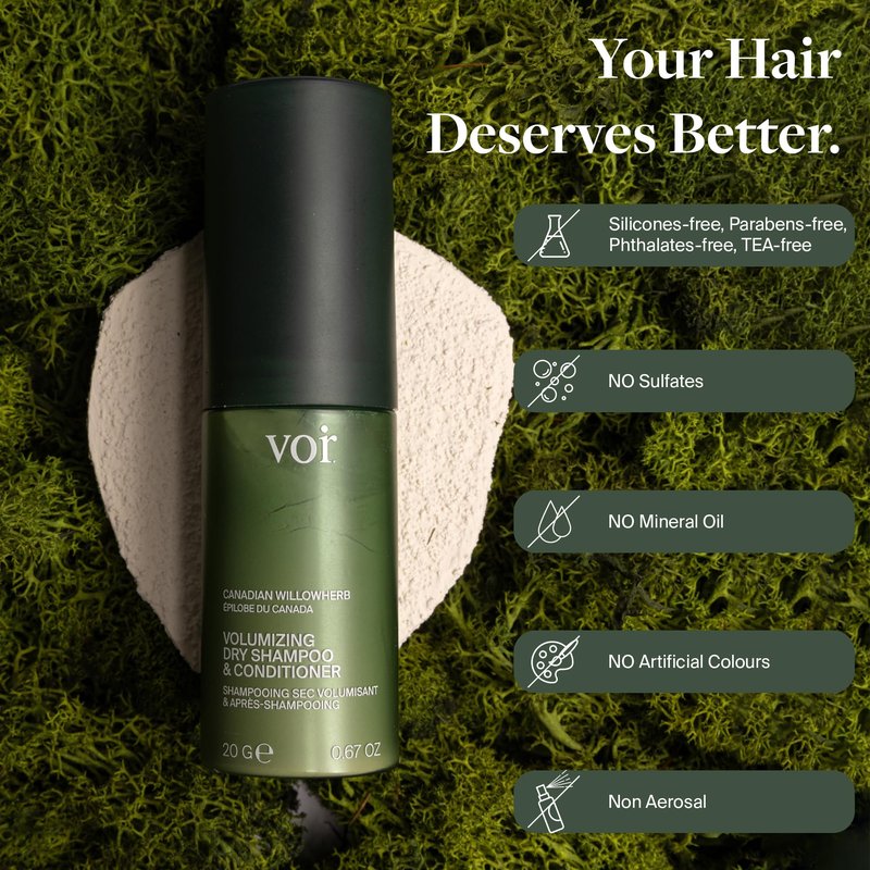 Voir Haircare Volumizing Dry Shampoo & Conditioner for Women, Organic Dry Shampoo Powder with Willowherb, Green Tea Extract & Glacial Clay, Oil-Absorbing, Scalp-Soothing, Travel Size, 0.67 oz