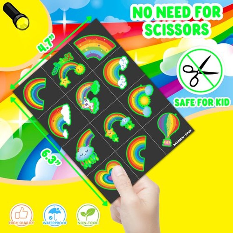 96 PCS Rainbow Pastel Rainbow Pre-Cut Luminous Glow in the dark Temporary Tattoos for Kids | Super Cute Themed Birthday Party Favors Supplies Decorations, Fake Tattoo Stickers Gifts for Boys Girls