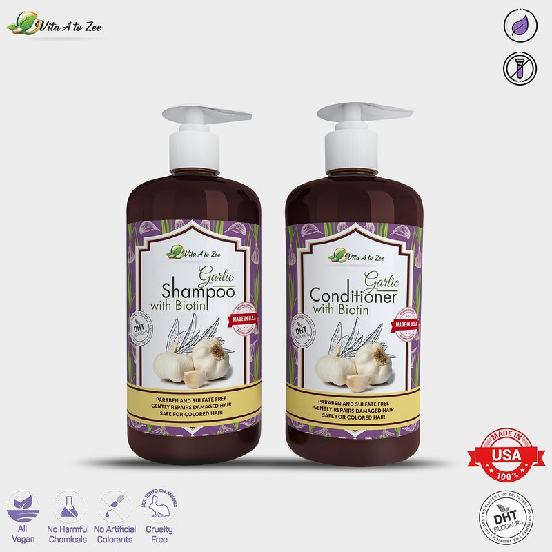 Vita A to Zee Garlic Hair Shampoo & Conditioner with Anti DHT Blocker – Garlic Natural Hair Treatment for Hair Growth, Loss, Thinning & Itchy Scalp – Sulfate & Paraben Free, Cruelty Free & Vegan