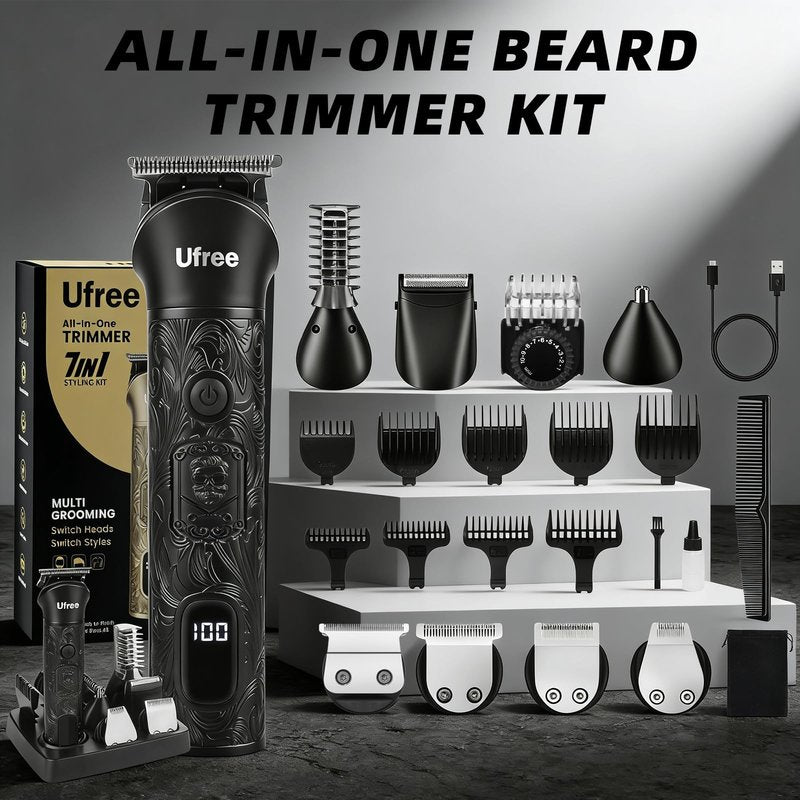 Ufree Beard Trimmer for Men, Electric Razor Shavers, Cordless Hair Clippers, 7 in 1 Beard Grooming Kit for Mustache, Body, Nose and Facial, Gifts for Men