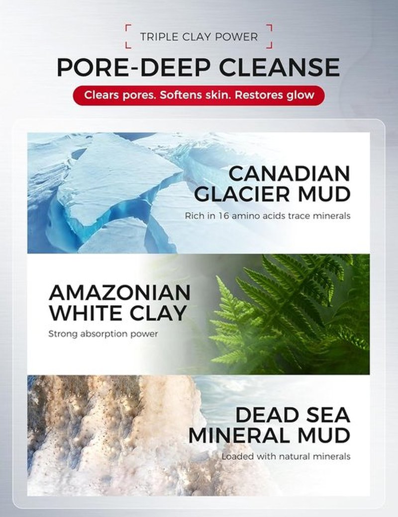 Ning Dermologie Clay Mask - Triple Mud Formula for Sensitive Skin, Deep Cleans Pores & Reduces Acne - 3.88 Oz