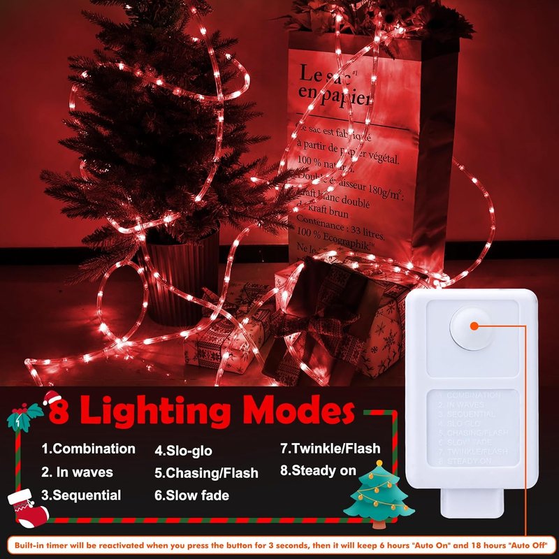200ft LED Rope Lights by [Brand Name] - Waterproof Outdoor Lighting with 8 Modes | Flexible Tube Lights for Garden, Patio, and Party (Red)