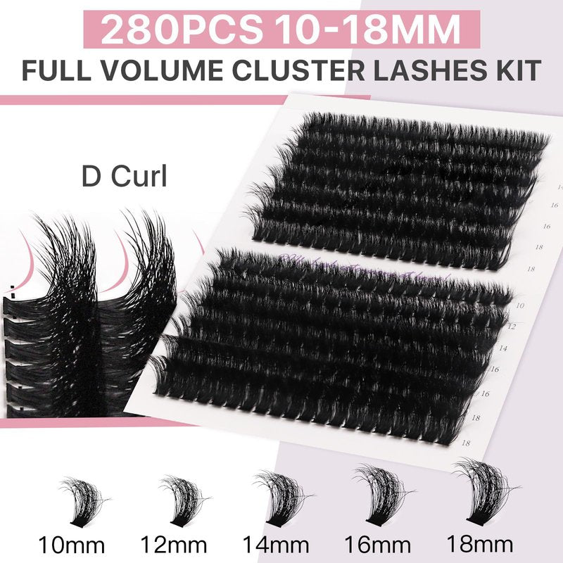 Vznffur Fluffy Lash Extension Kit 280Pcs Thick Eyelash Extension Kit 80D 100D Mix 10-18mm Volume Cluster Lashes with Bond and Seal Tweezers Cluster Remover
