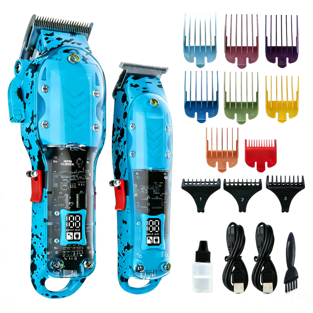 Tuanchuanrp Professional Hair Clippers for Men, Cordless Barber kit for Hair Cutting & Grooming, Hair Clippers and Trimmer Set for Barber Haircut with LED Display, 8 Fade Taper Combs(Blue Set)