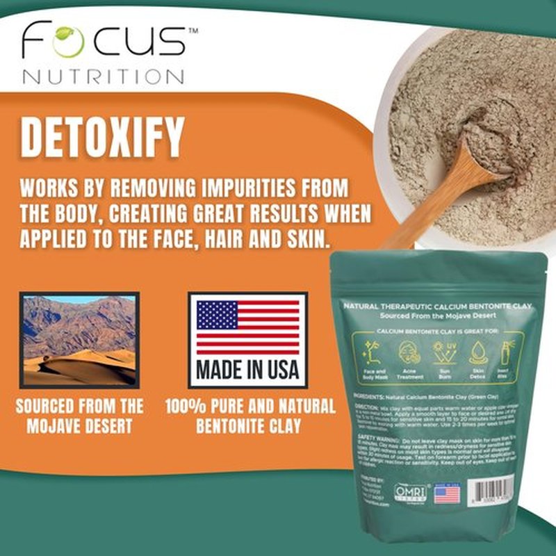 Focus Nutrition Calcium Bentonite Clay - 2 lbs Calcium Bentonite Clay Powder Clay Mask for Face Body Detox Hair Mask Skincare Ancient Healing Clay