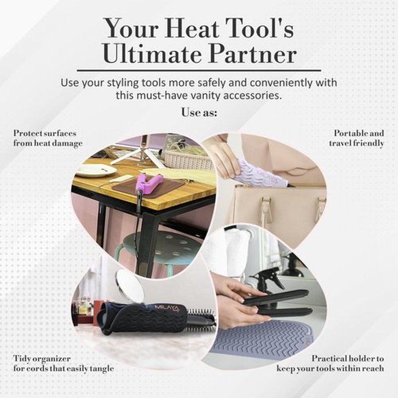 Milaya Beauty Vanity Accessories - Heat Resistant Mat – Silicone Flat Iron & Curling Iron Holder, Non-Slip Vanity Mat & Hot Tool Mat for Home, Salon, or Travel Use