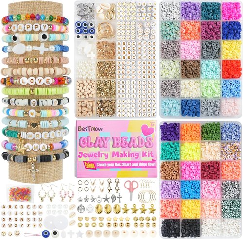 BestNow Clay Beads Bracelet Making Kit - 3 Boxes of Heishi & Letter Beads with Charms | Perfect for Jewelry Crafts