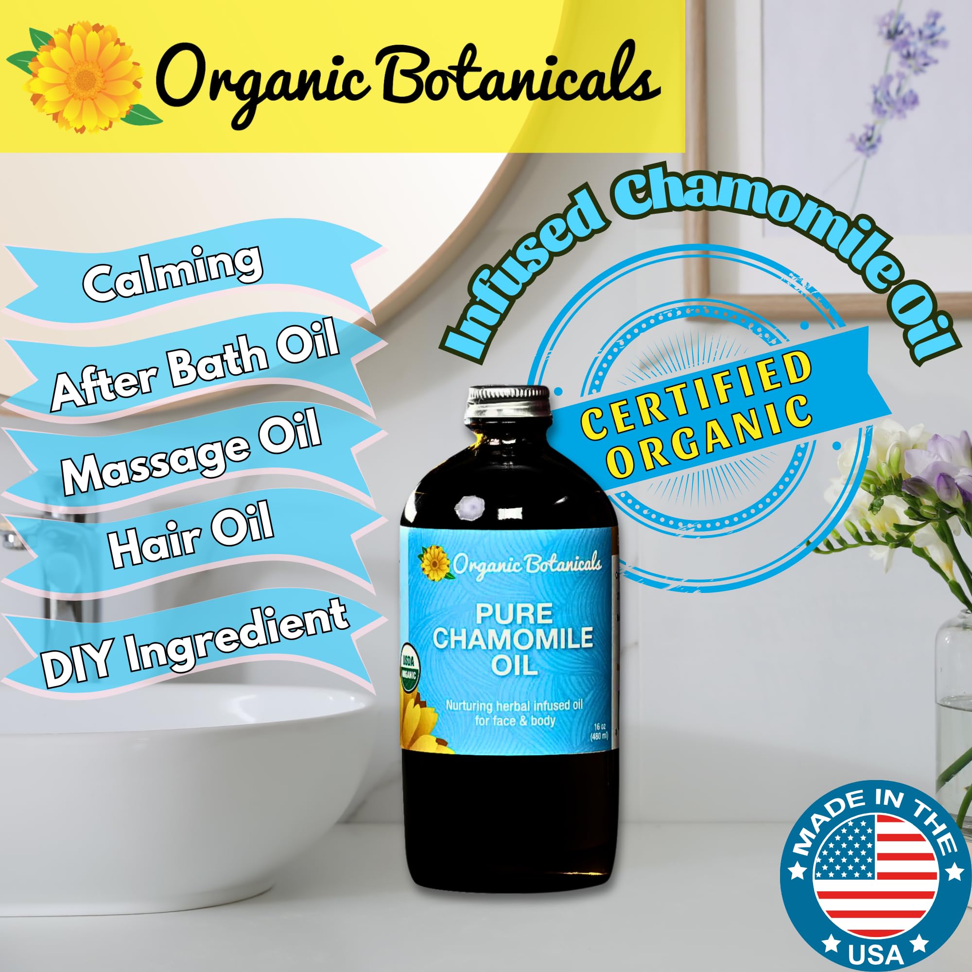 Organic Botanicals Pure Organic Chamomile Oil - USDA Certified, Premium Grade Natural Therapeutic Oil for Body, Skin, Face, Hair & Massage Therapy - Relaxing, Bath & DIY Infused Flower Extract (2 oz)