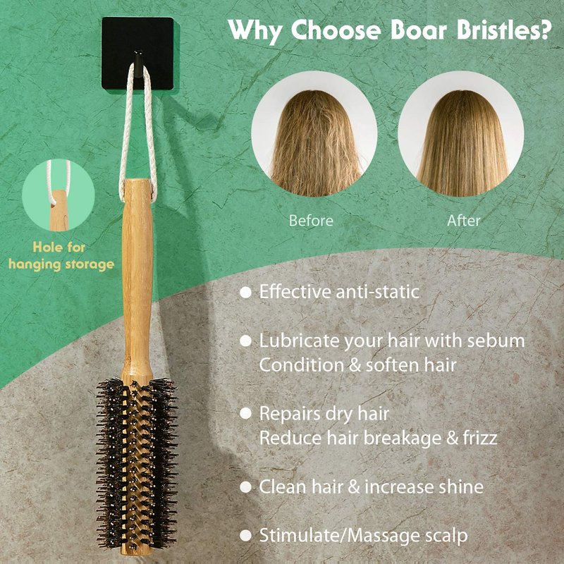 Vista Round Brush Bamboo with Pin Tail Comb Natural Boar Bristle Hair Brush Round for Blow Drying for Women Hairbrush for Wet or Dry Hair Detangling Smoothing Massaging