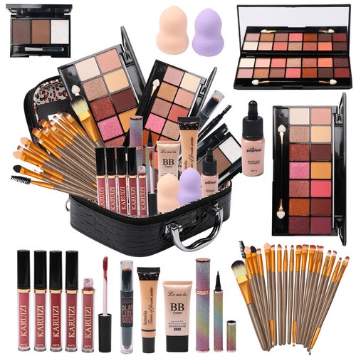 MTDXILTAI All in One Makeup Kit for Makeup storage bag 2X14 Colors Eyeshadow Palette Liquid Foundation Eyeliner Pencils Contouring Stick Lip Gloss 20Pcs Make up Brushes For Women Girls Teens (Black)