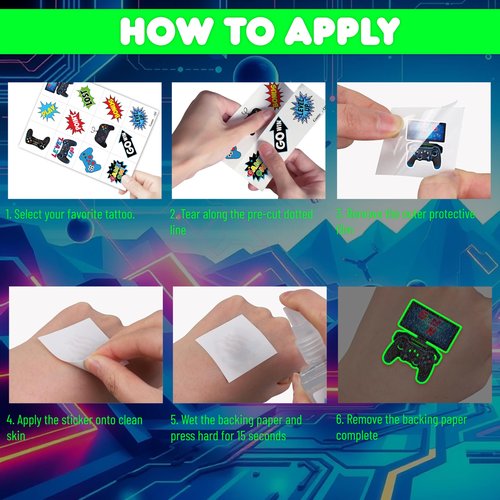 96 PCS Game Pre-Cut Luminous Glow in the dark Temporary Tattoos Themed for Kids Birthday Party Decorations Supplies Favors Decor Super Cute Tattoo Stickers Sticker Gifts for Games Boys Girls