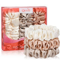 Silk Hair Ties 3 Pack 6A 100% Mulberry Silk Scrunchies 22 Momme Small Sleep Ties and No Damage No Crease for Women Girls Curly Thick Thin Hair, Sample Fabric Provided (Coral & Light Brown & Beige)
