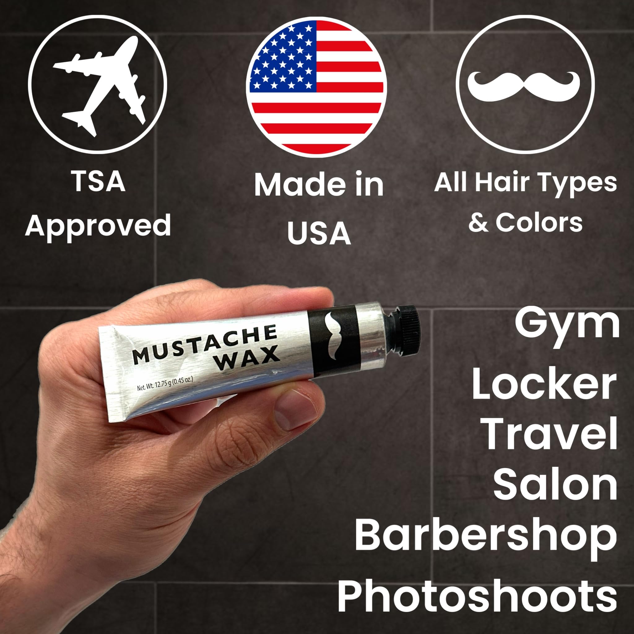 ALAZCO 3 Tubes Mustache Styling Wax Strong Hold Water Based Wax for Men Stache Beard Sideburns Eyebrows Grooming Touch-up All Hair Color Types Dries Clear - Travel TSA Approved - MADE IN USA
