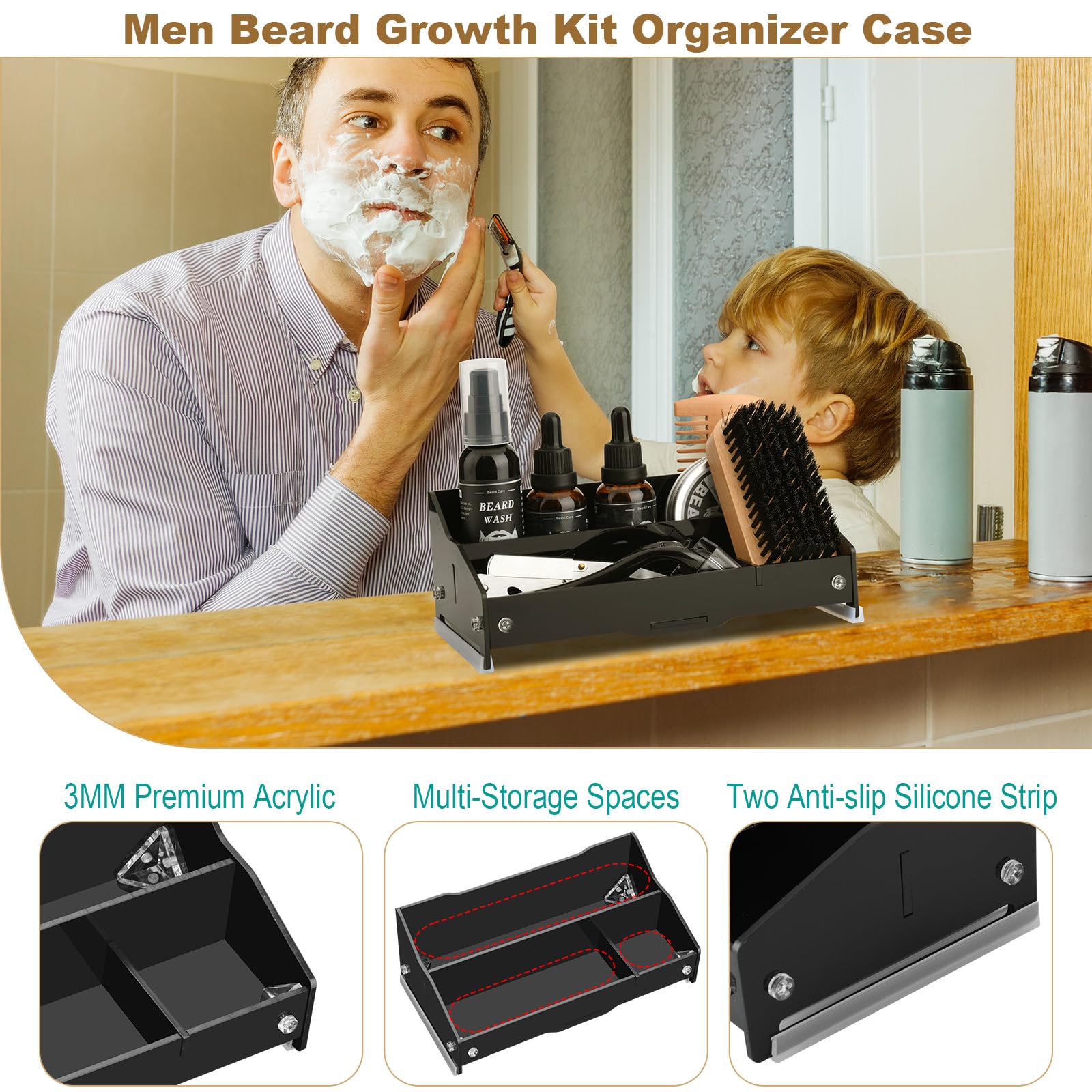 Beautyflier Beard Growth Kit Organizer Case, Acrylic Stand Holder for Men Grooming Kit, Beard Set Storage Holder, Anniversary & Birthday Gifts for Him Boyfriend Husband Dad, Black (Holder Only)