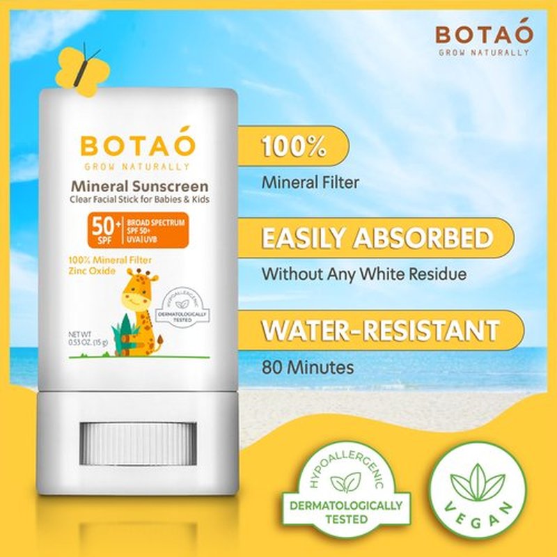 Botao baby Mineral Sunscreen Stick 100% Zinc Oxide SPF 50+ Water Resistant UVA/UVB Protection Easy to Apply Fragrance Free, babies & kids, for sensetive skin, Unscented