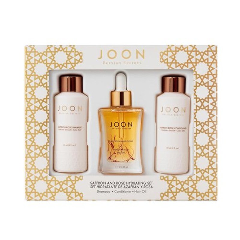 Joon Moisturizing Travel Size Gift Set - Saffron Hair Elixir (1.11 fl oz) & Shampoo/Conditioner (2 fl oz)