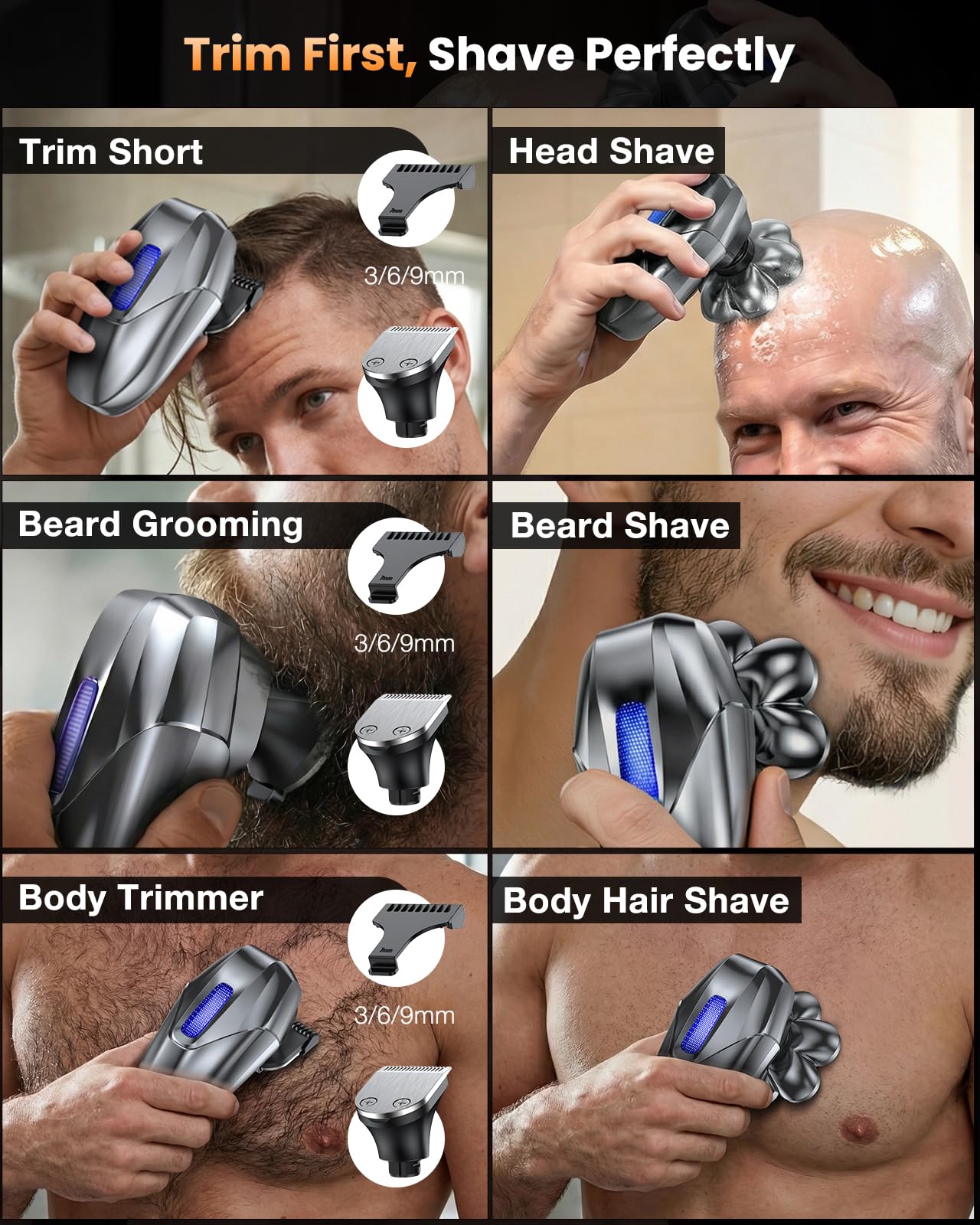 Vylto Head Shavers for Bald Men, 5-in-1 Electric Shaver Grooming Kit, 7D Floating IPX7 Waterproof Rechargeable Wet/Dry Razor for Skull Bald Head, Body Hair, with Massager, Black