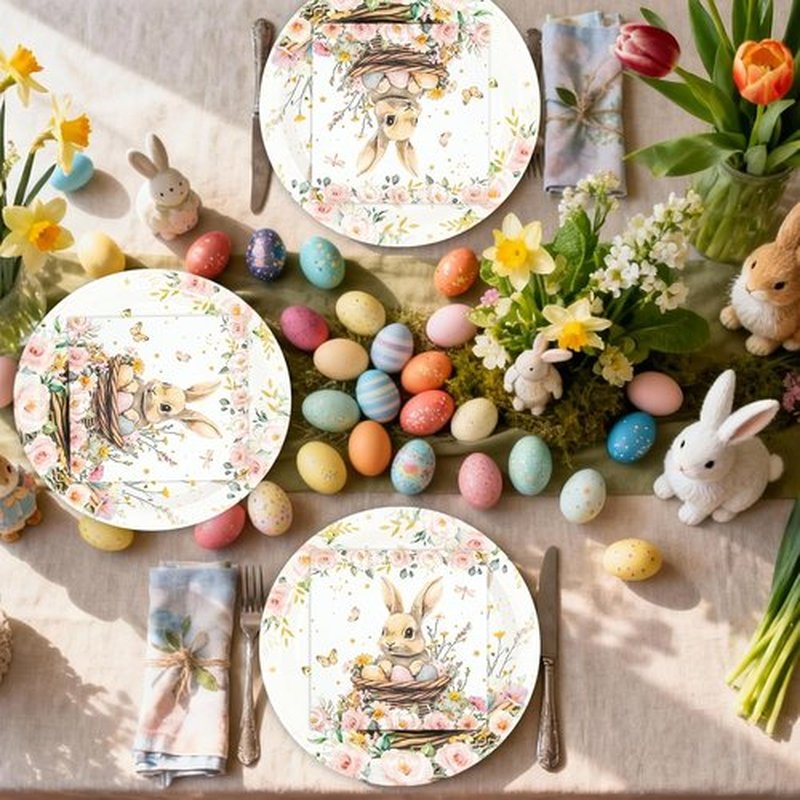 Skiennix Easter Party Plates Set - 40 Pcs 9-Inch Paper Plates & Napkins, Bunny Eggs Design for Spring Celebrations