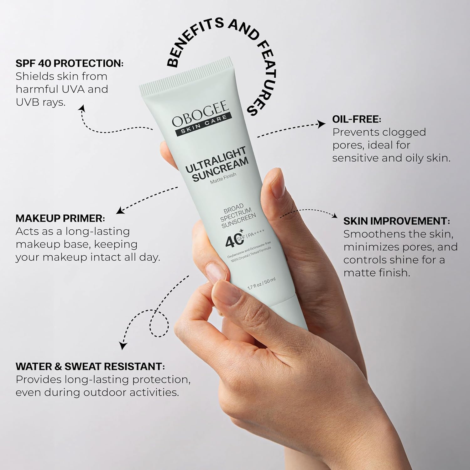 Ultralight SunCream SPF 40 - 50 mL Mineral Oil-Free Sunscreen | Smooths Skin, Minimizes Pores, Water & Sweat Resistant