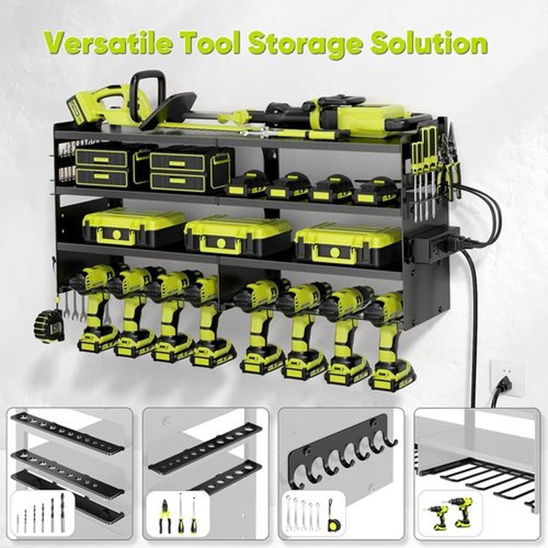 POKIPO Large Power Tool Organizer - Heavy Duty Wall Mount Storage Rack with Charging Station | Holds 600lbs