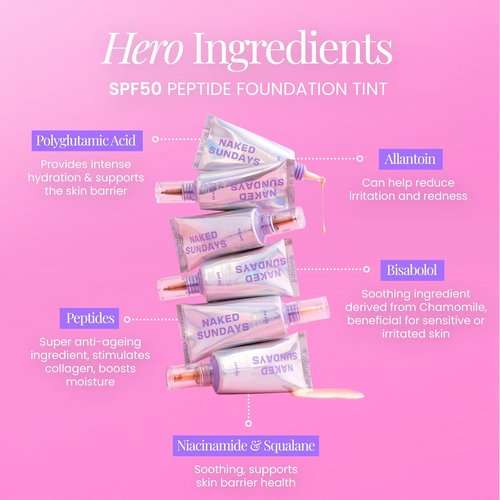 Naked Sundays BeautyScreen Peptide Foundation Tint - SPF 50 Tinted Sunscreen & Makeup | Lightweight Natural Coverage, 2.5 Light Neutral, 1.01 oz