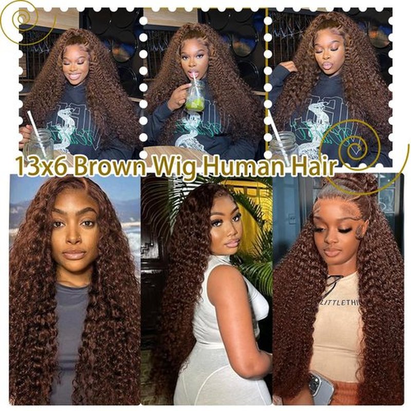 BIANFA 13x6 Deep Wave Lace Front Wigs Human Hair Chocolate Brown 220 Density HD Lace Front Wigs Human Hair Curly Wig Pre Plucked Human Hair Glueless Frontal Wigs (18inch)
