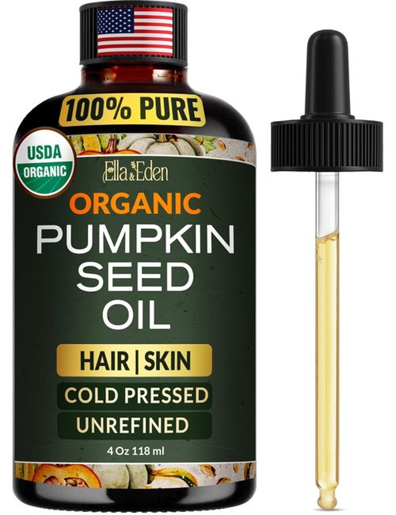 Ella & Eden Organic Pumpkin Seed Oil for Hair Growth - Cold-Pressed Hexane-Free Unrefined - 100% Pure USDA Certified - 4 Fl Oz Glass Bottle