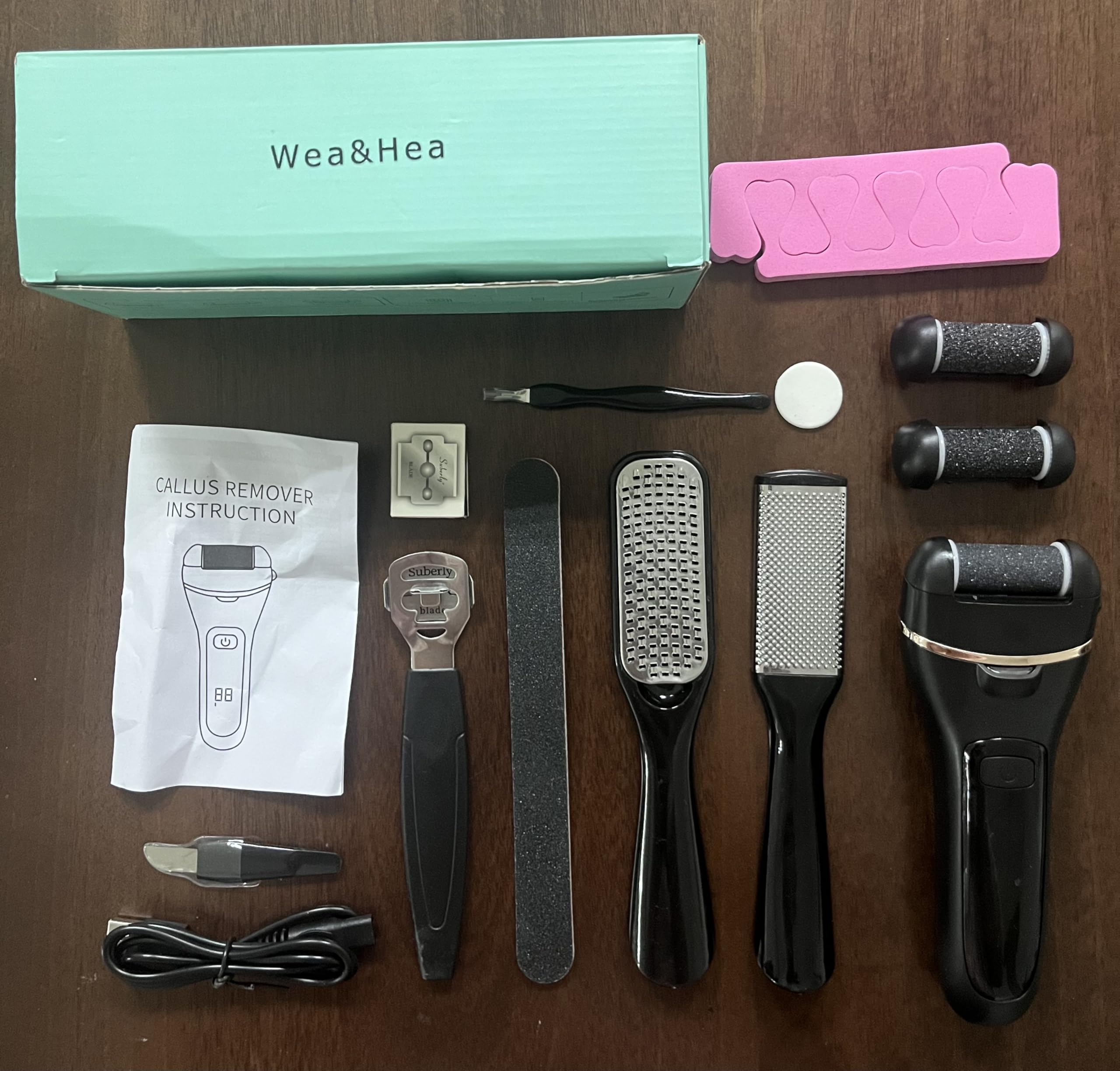 Wea&Hea Electric Callus Remover for Feet with Rechargeable Waterproof 17 in 1 Professional Pedicure Kit with 3 Roller Heads 2 Speed,Foot File, Foot Care Tools Perfect for Dead Hard Cracked Dry Skin