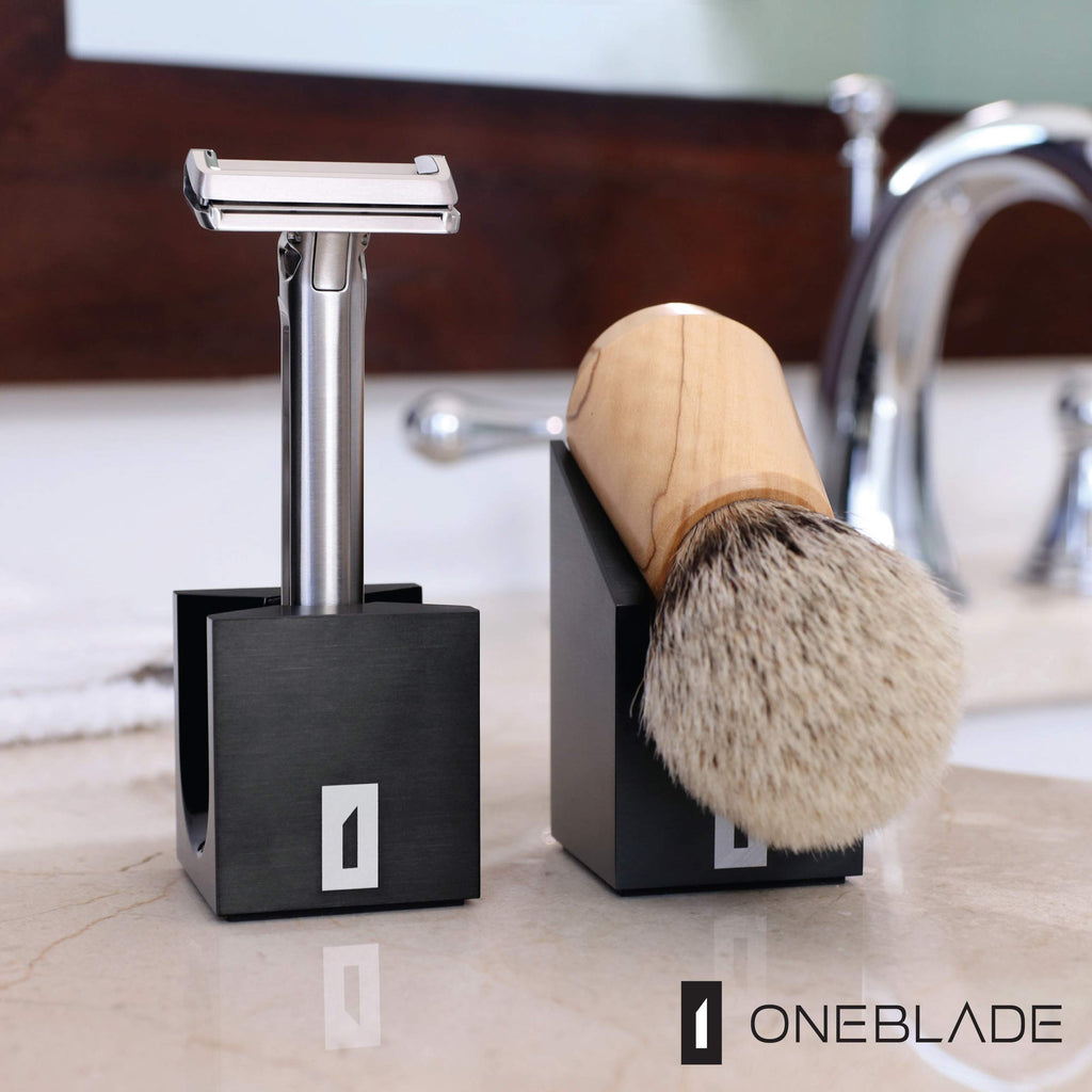 OneBlade Vertical Shaving Brush Stand (Black) Heavy Duty 6063 Aluminum, Double Anodized Finish, Hygienic Shaving Brush Storage - Weight 9.8 oz / 278 grams