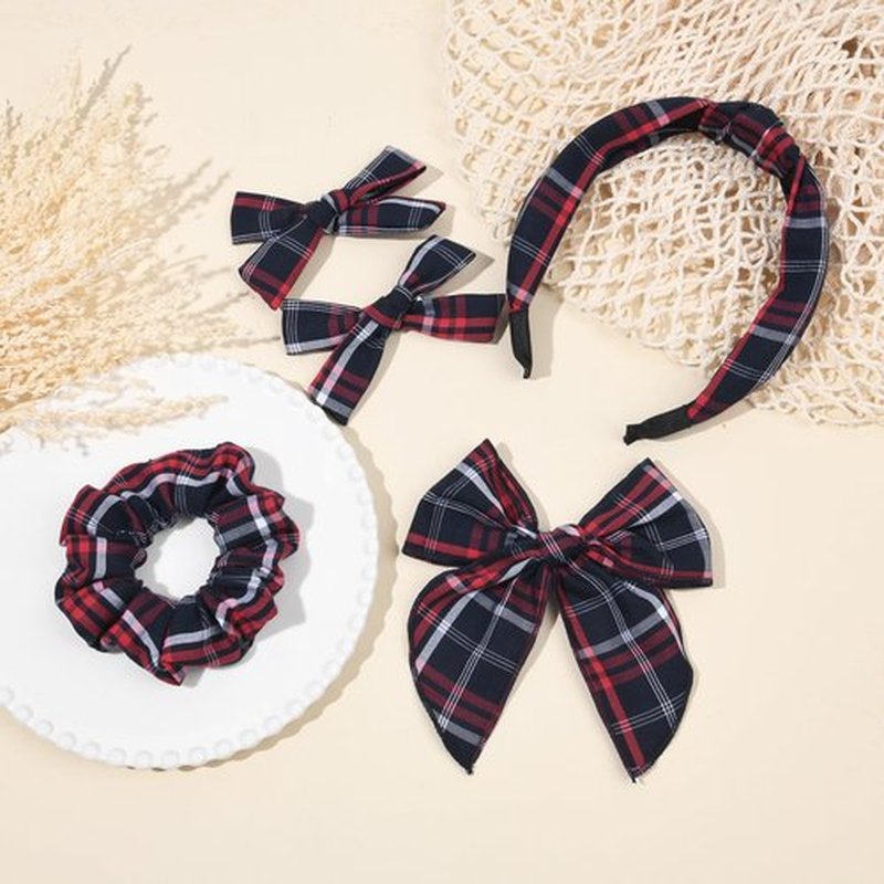 DEEKA School Uniform Plaid Hair Bows & Knotted Plaid Headband & Scrunchies Fable Hair Bow Set Alligator Clips for Toddler Girls Hair Accessories for Little School Girls (Dark Navy&Red)