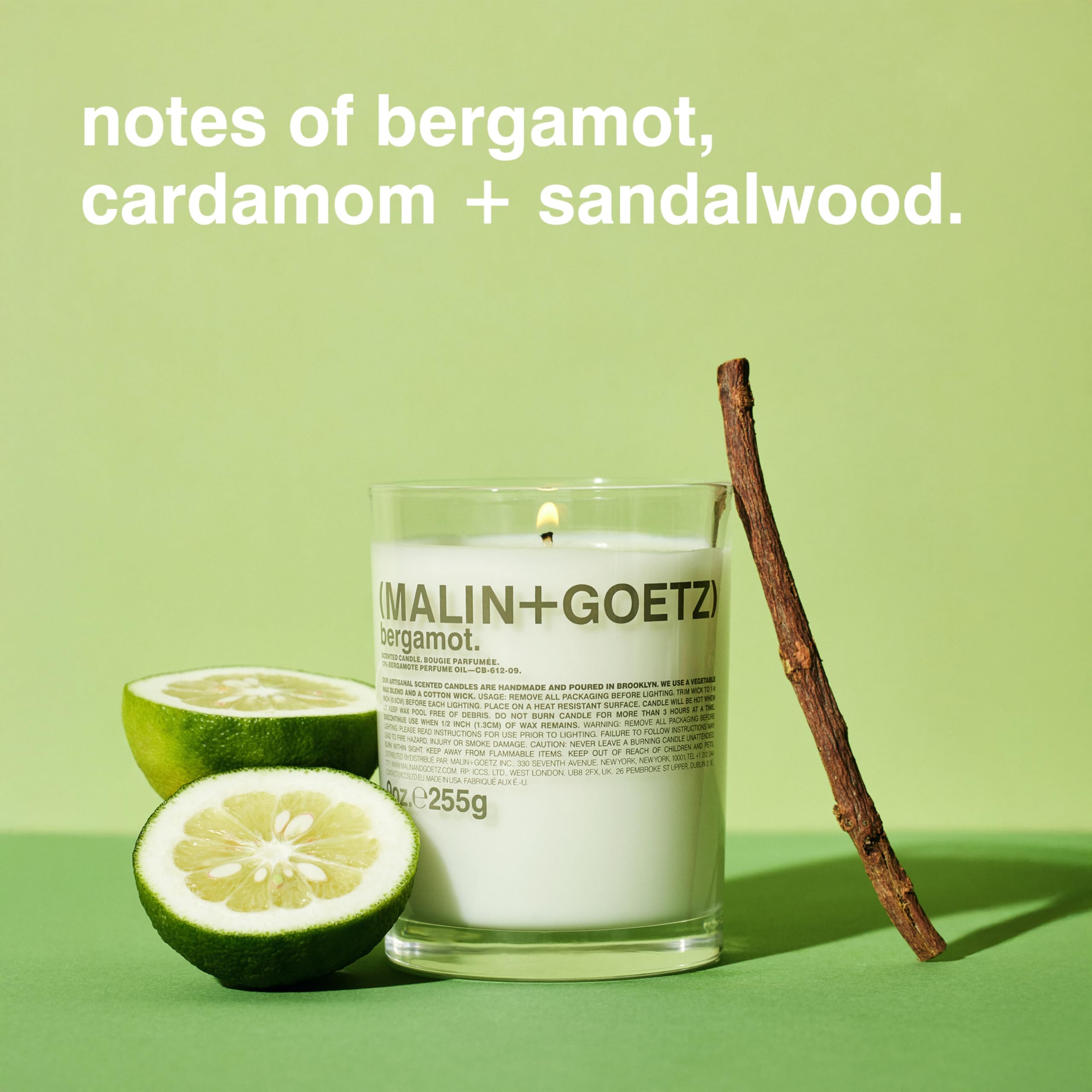 MALIN+GOETZ Bergamot Candle, 9 oz. – Bright & Refreshing Aroma Scent Fragrance, Scented Candle, Natural Vegetable Wax Blend, Vegan & Cruelty Free, Single Wick Candle, Lasts 60 Hours