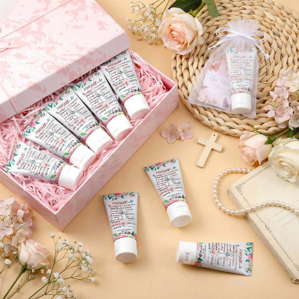 Leelosp 24 Sets Christian Mini Sunscreen Bulk Religious Gifts with Bible Verse Cards, Spf 30 Water Resistant Sunscreen Lotion 1oz, Christian Gifts for Women Mom Teacher Nurse Wedding Party Favors