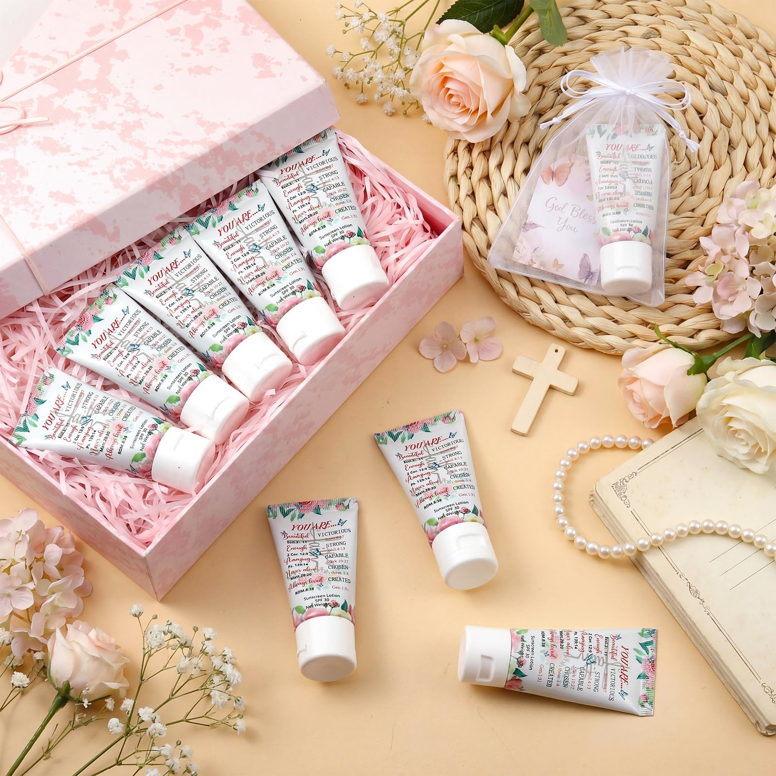 Leelosp 24 Sets Christian Mini Sunscreen Bulk Religious Gifts with Bible Verse Cards, Spf 30 Water Resistant Sunscreen Lotion 1oz, Christian Gifts for Women Mom Teacher Nurse Wedding Party Favors