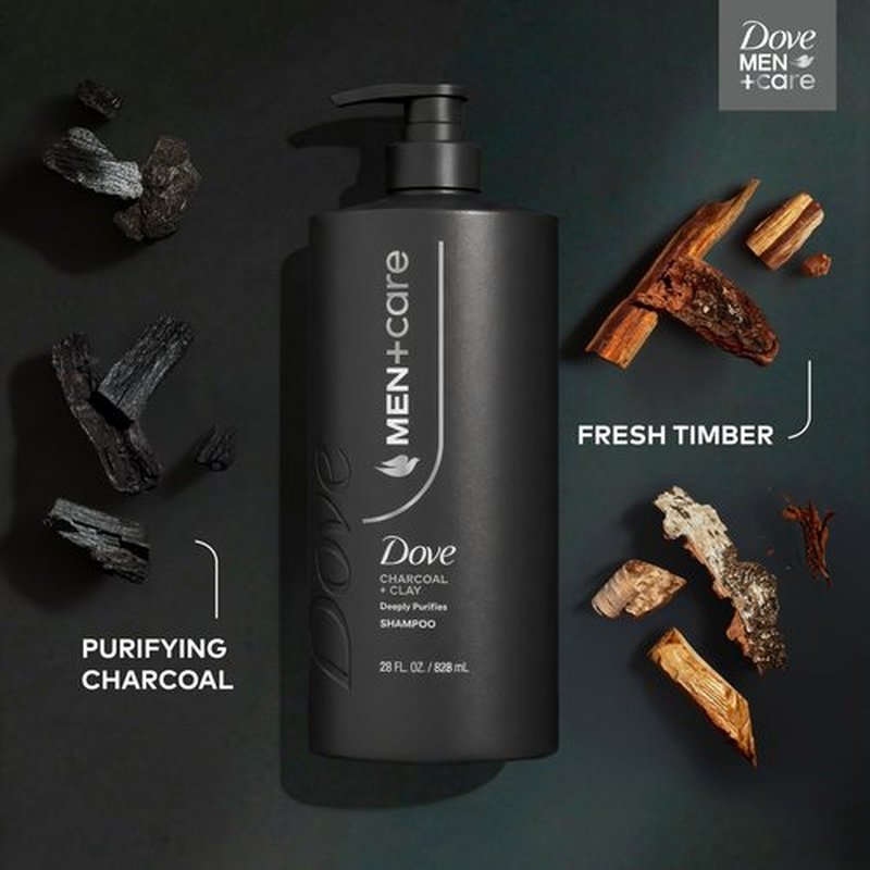 DOVE MEN + CARE Shampoo 1 count Charcoal + Clay for Real Hair that Powers Up Hair Strength, with Deep Purifying Benefits, 28 Fl oz