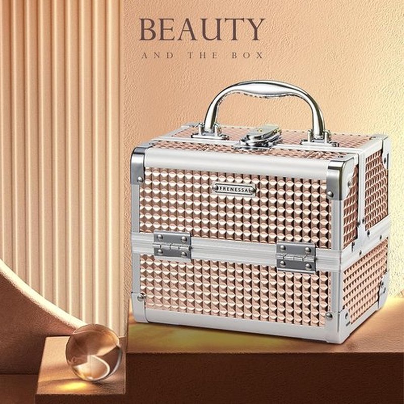 FRENESSA Makeup Case - Portable Train Case with Mirror & Lock | Rose Gold Cosmetic Organizer for Travel
