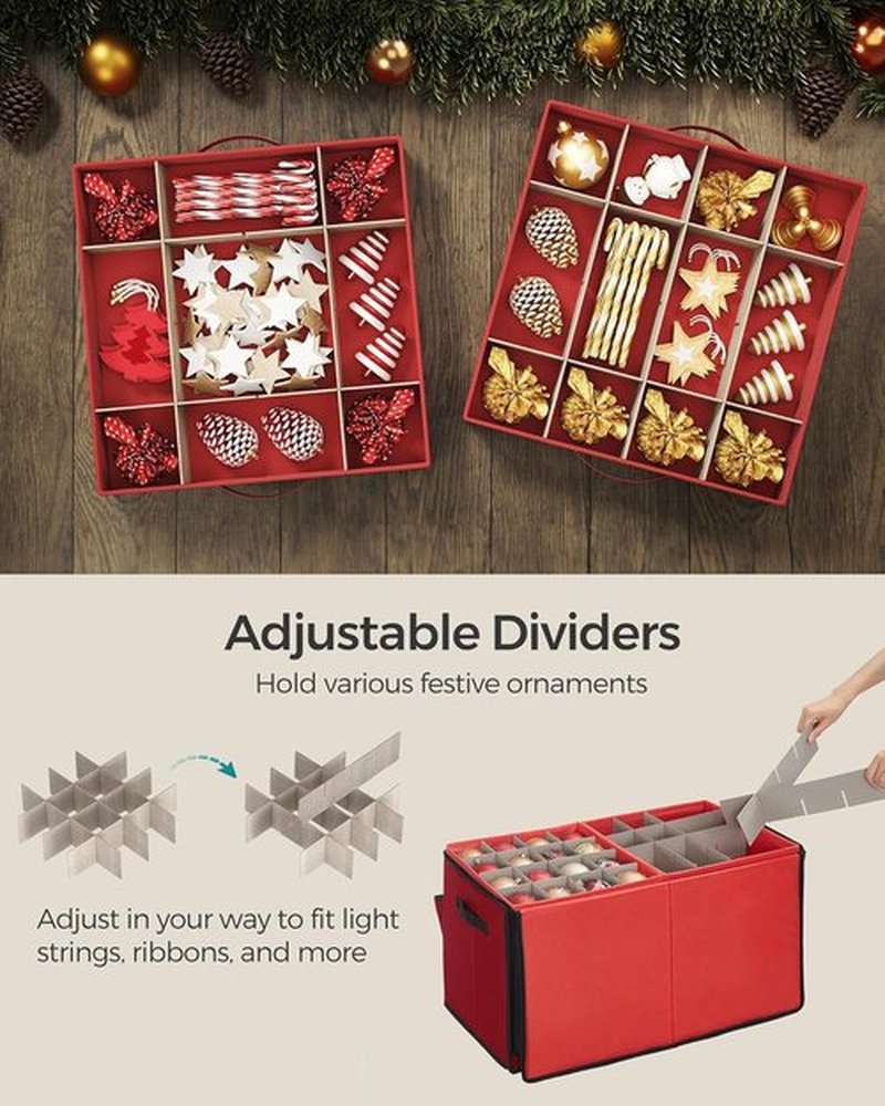 SONGMICS Large Christmas Ornament Storage Box - Stackable Container with 128 Slots & Lid, Cherry Red