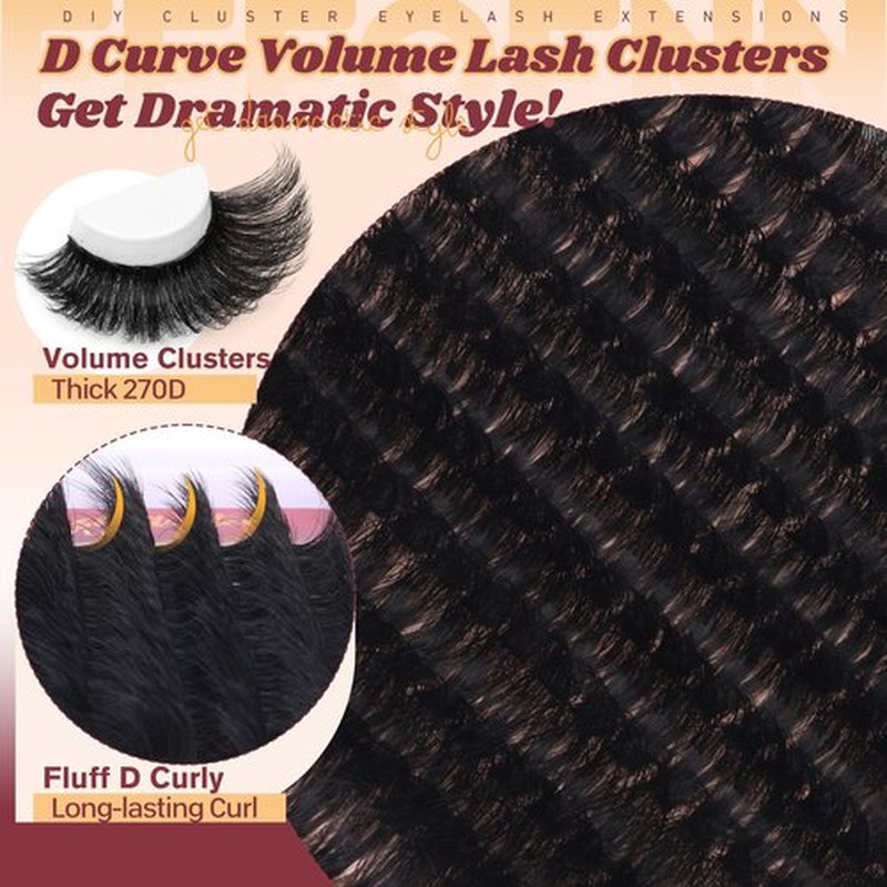 Fluffy Lash Clusters Kit Dramatic 270D Cluster Eyelash Extensions Kit 14-24mm Long Eyelash Clusters Kit Thick Volume Individual Lashes Bond and Seal Remover Tweezers Mega Lash Extension Kit by Eefofnn