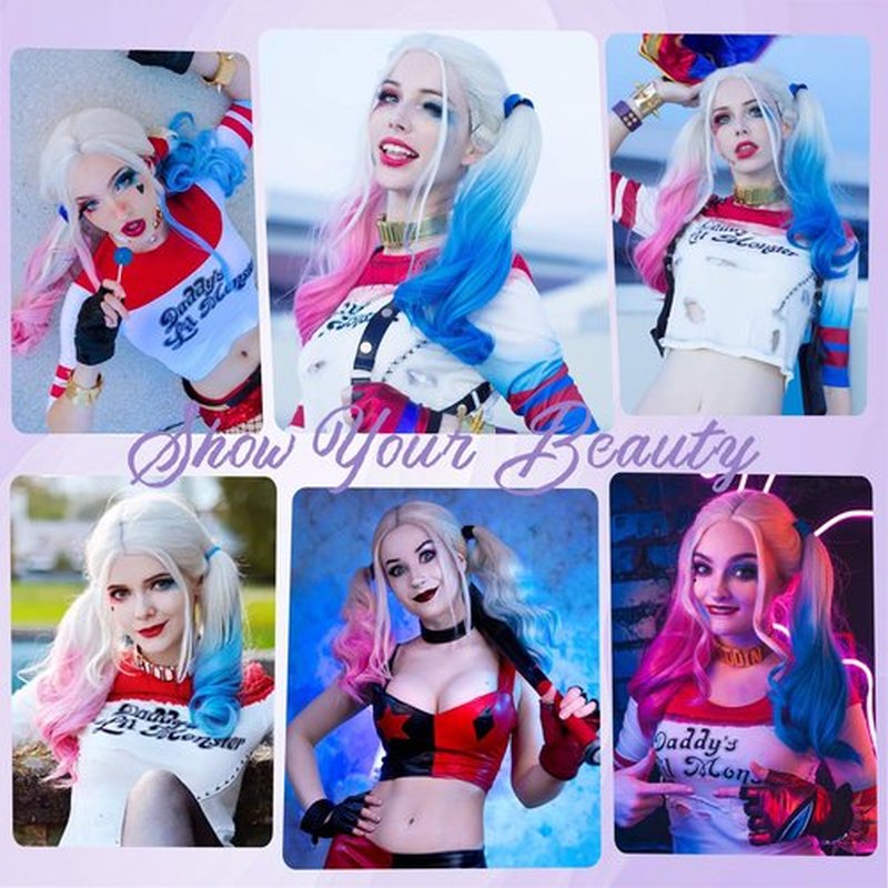 AISI QUEENS Pink and Blue Cosplay Wig - Harley Quinn Wig for Women Halloween Clown Girl Long Curly Synthetic Fiber for Women,Wavy Suicide Squad Style for Party
