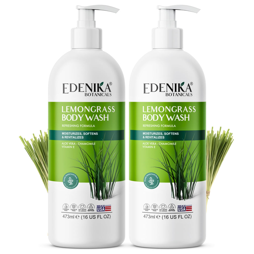 EDENIKA BOTANICALS Lemongrass Body Wash with Vitamin E, Cleanses, Refreshes & Invigorates, Shower Gel for Dry and Sensitive Skin, Women & Men, Organic & Natural, 16 fl oz, 2-Pack