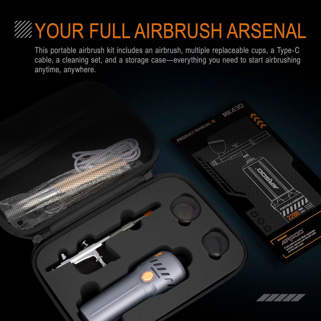 Airgoo Portable Airbrush Kit with Air Compressor MK430-215 with 0.3mm Nozzle, Cordless Airbrush Gun Set with Replaceable 5cc/10cc/20cc Fluid Cups for Makeup, Crafts, Tattoo, Modeling, Cake Decor