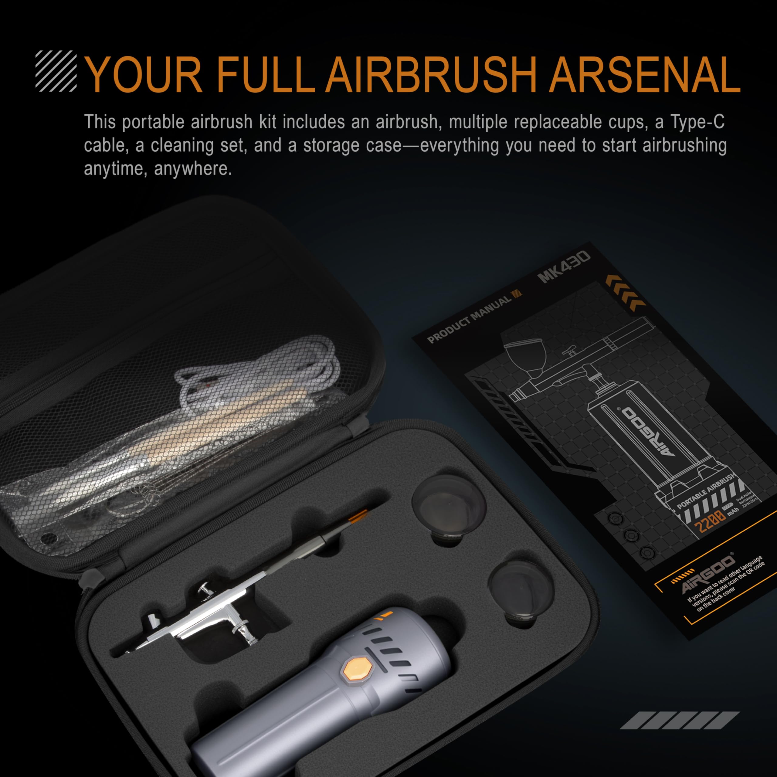 Airgoo Portable Airbrush Kit with Air Compressor MK430-215 with 0.3mm Nozzle, Cordless Airbrush Gun Set with Replaceable 5cc/10cc/20cc Fluid Cups for Makeup, Crafts, Tattoo, Modeling, Cake Decor