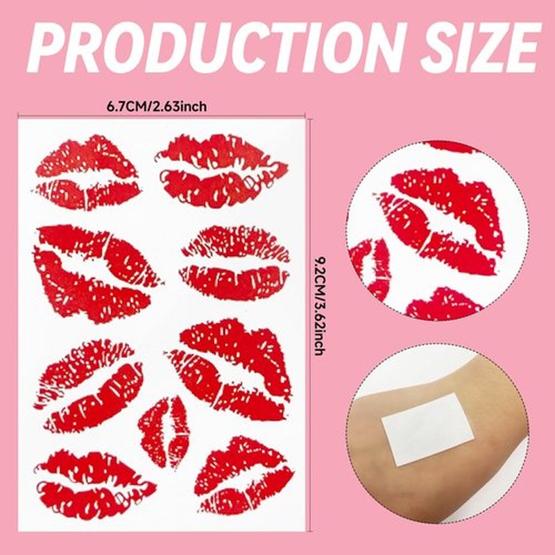 10Sheets Kiss Tattoos Temporary Red Lips Fake Tattoos Self-adhesive Waterproof Stickers for Adult Women Girls Face Body Halloween Decorations, 3.6" X 2.63"